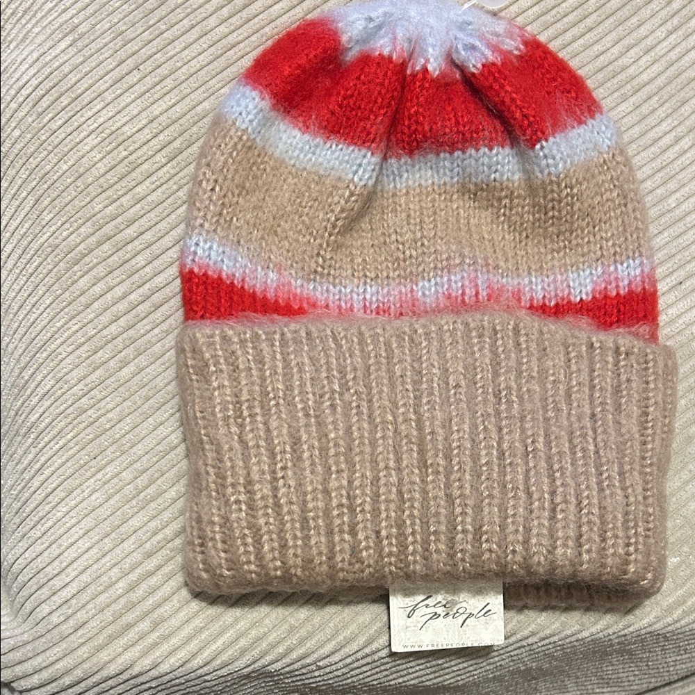 Free People Striped Knit Beanie - Red, White, and Tan